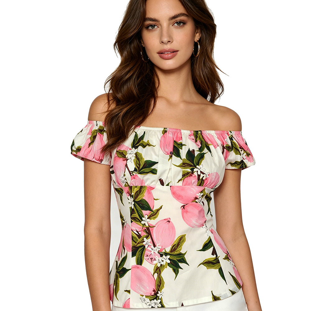 Women's Off Shoulder Lemon Print Blouse, Summer Casual Ruffle Sleeve Crop Top for Vacation