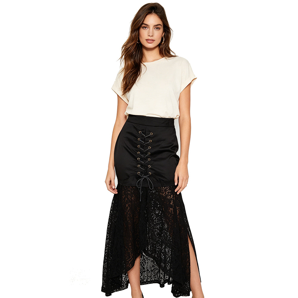 Black Lace Corset Midi Skirt | Gothic Steampunk Asymmetrical Lace Skirt for Women