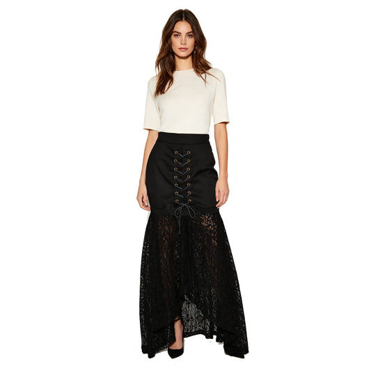 Black Lace Corset Midi Skirt | Gothic Steampunk Asymmetrical Lace Skirt for Women