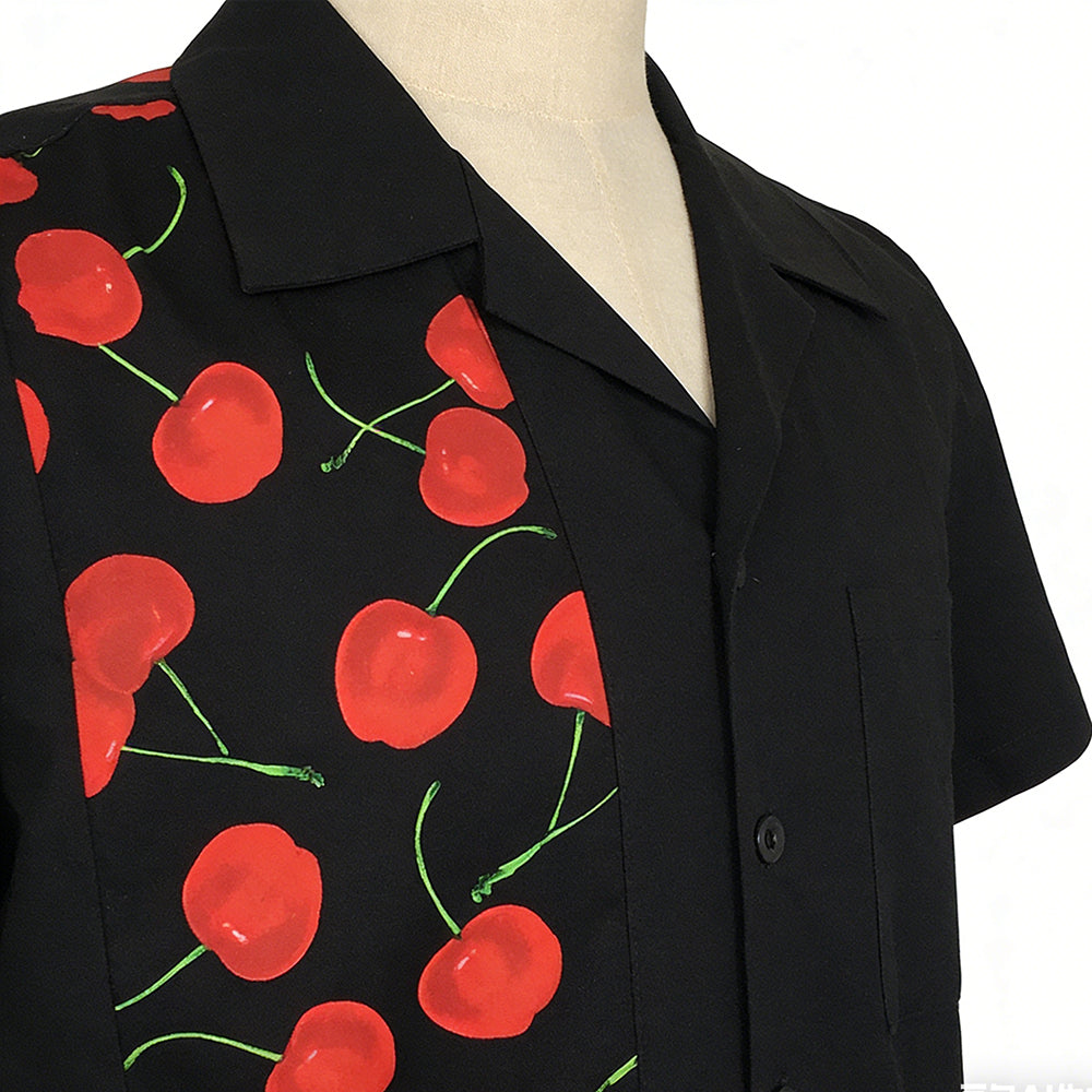 Retro Cherry Print Cuban Collar Shirt | Men's Vintage Bowling Button Down Shirt
