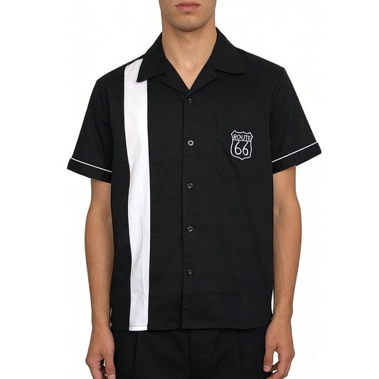 Vintage Route 66 Bowling Shirt - Black with White Stripe, Short Sleeve Camp Collar Button Down