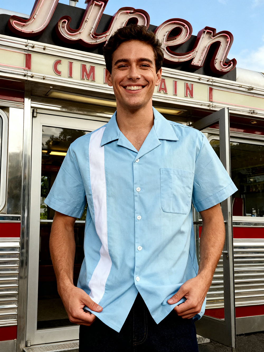 Vintage 1950s Men's Short-Sleeve Shirt - Light Blue with White Stripe, Casual Cuban Collar Top