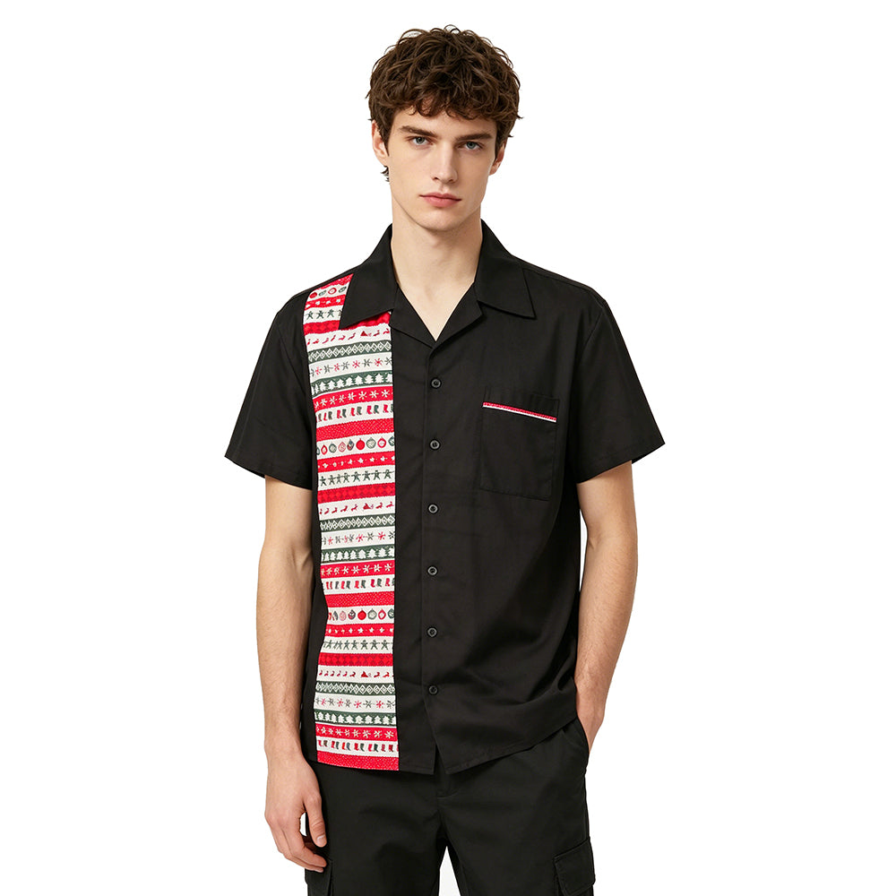 Men's Christmas Camp Collar Short Sleeve Shirt - Retro Holiday Stripe Button Down