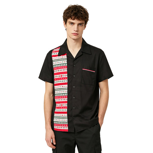 Men's Christmas Camp Collar Short Sleeve Shirt - Retro Holiday Stripe Button Down