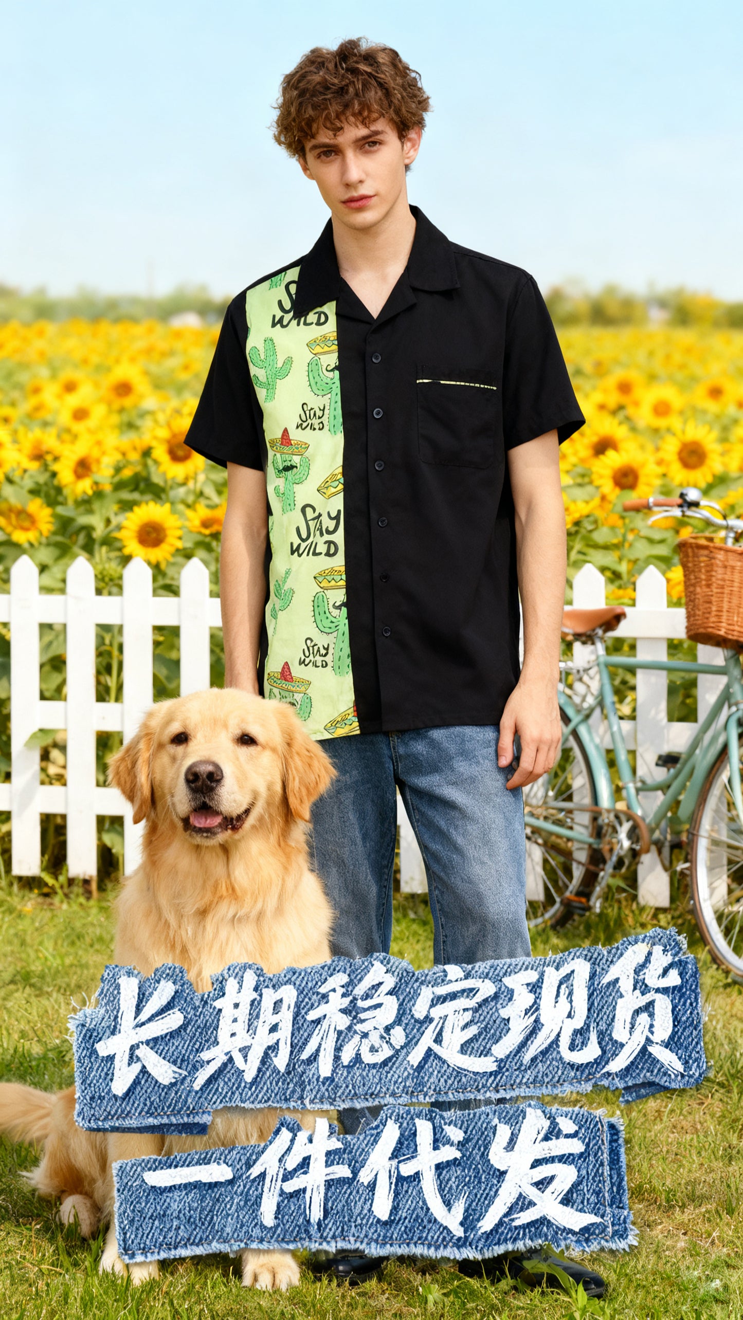 Men's Cotton Cactus Print Short Sleeve Shirt - Stay Wild Graphic Color Block Hawaiian Style Ins Trendy Summer Casual Top