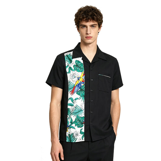 Paradise Bird Splicing Casual Retro Short Sleeve Men's Top Cotton Shirt