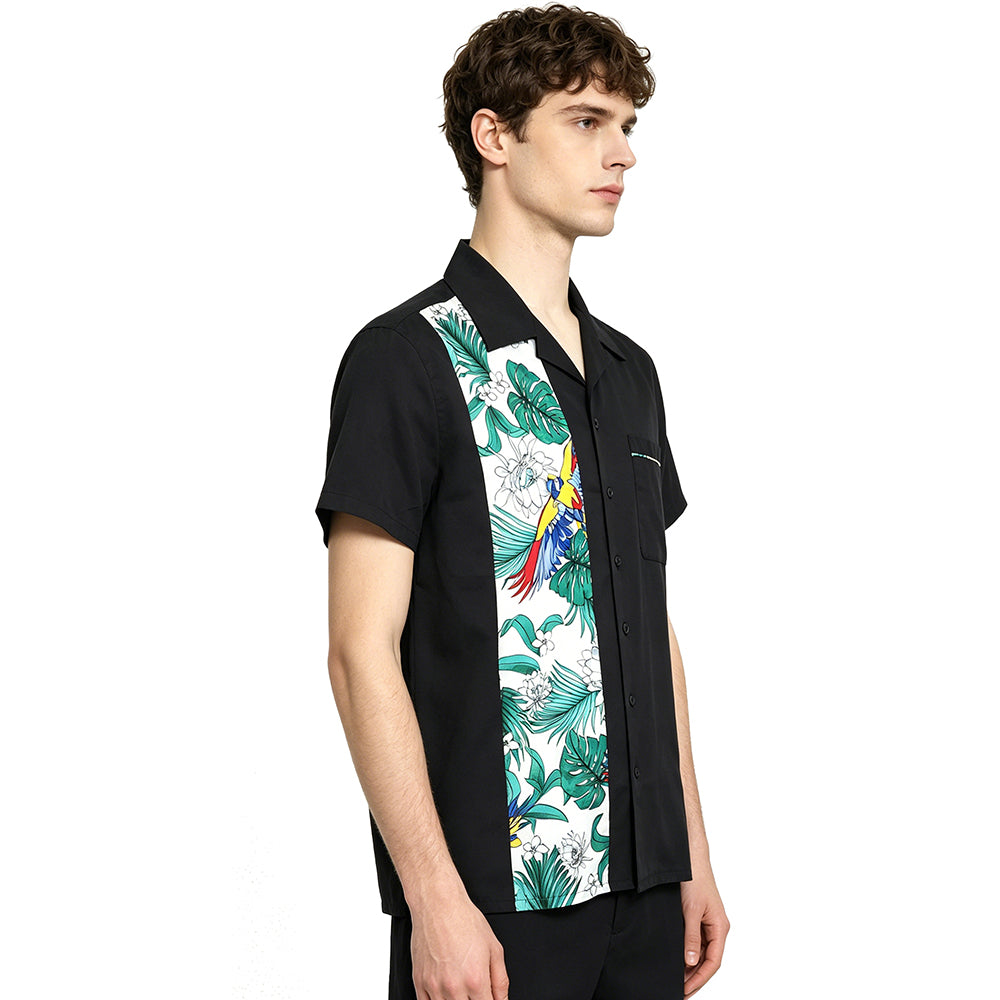 Paradise Bird Splicing Casual Retro Short Sleeve Men's Top Cotton Shirt