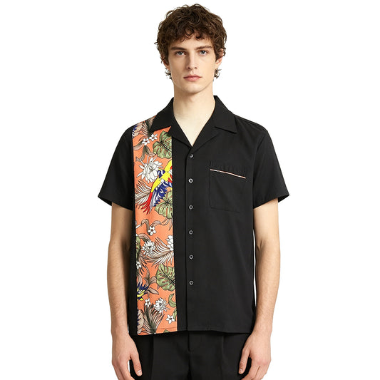 Paradise Bird Splicing Casual Retro Short Sleeve Men's Top Cotton Shirt