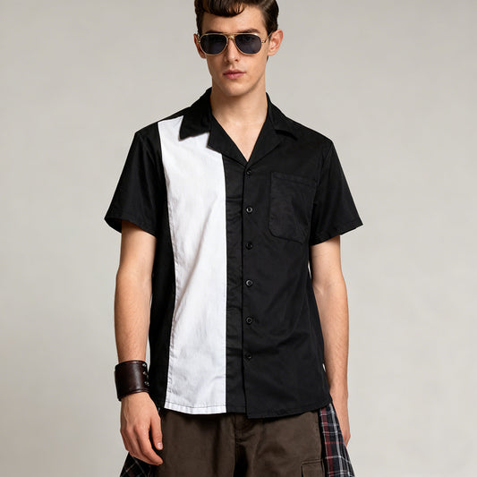 Men's Classic Black & White Panel Bowling Shirt - Retro Short Sleeve Button-Up for Casual & Party Wear