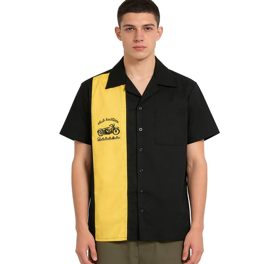 Men's Vintage Rockabilly Bowling Shirt | Black Yellow Motorcycle Embroidered Camp Collar Top