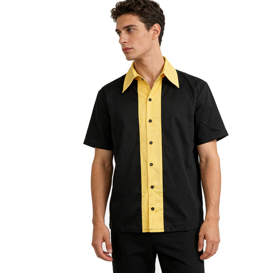 Men's Vintage Black Yellow Striped Short Sleeve Shirt Women's Retro Button Down Casual Bowling Shirt Custom Wholesale