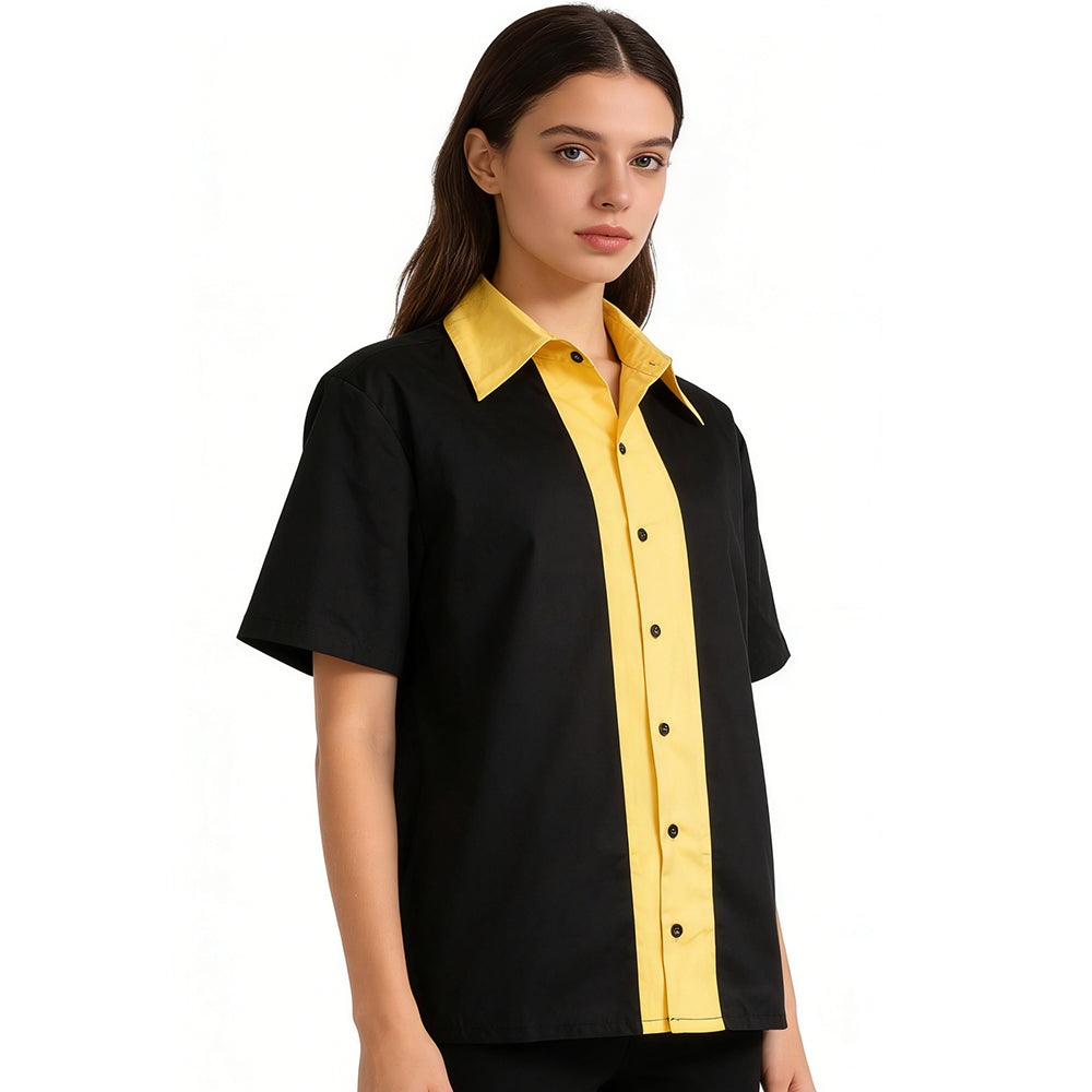 Men's Vintage Black Yellow Striped Short Sleeve Shirt Women's Retro Button Down Casual Bowling Shirt Custom Wholesale