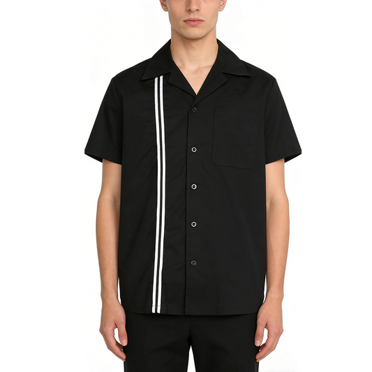 Men's Vintage Bowling Shirt Black White Stripe Short Sleeve Casual Retro Top