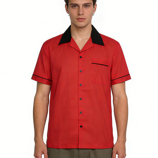 Men's Classic Red Bowling Shirt - Black Contrast Collar & Cuffs