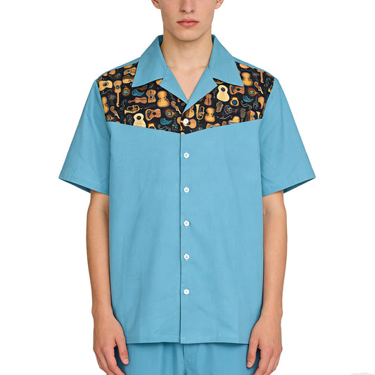Men's short sleeved shirt guitar color blocked cotton loose casual fake pocket original design
