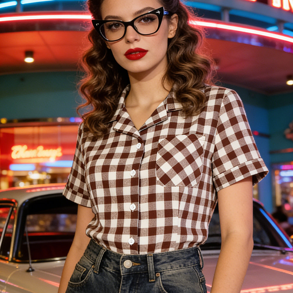 Retro Gingham Lapel Collar Shirt - Women’s Short Sleeve Top with Chest Pocket