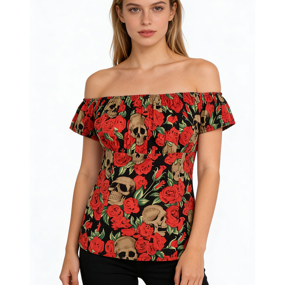 Women's Gothic Skull & Rose Off Shoulder Top, Vintage Punk Bardot Blouse, Retro Dark Academia Short Sleeve Crop Top for Casual/Party
