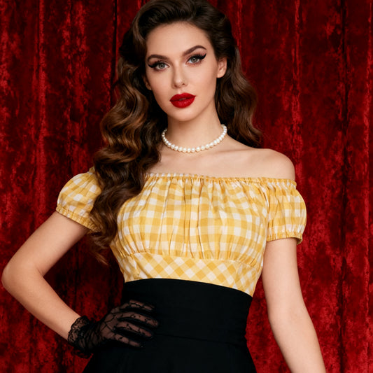 Vintage Yellow Gingham Off-Shoulder Blouse - Retro Pin Up Style Ruffled Puff Sleeve Crop Top for Women