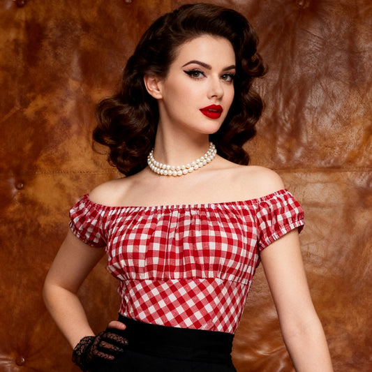 Retro Red Gingham Off-Shoulder Blouse - 1950s Pin Up Style Ruffled Puff Sleeve Crop Top for Women