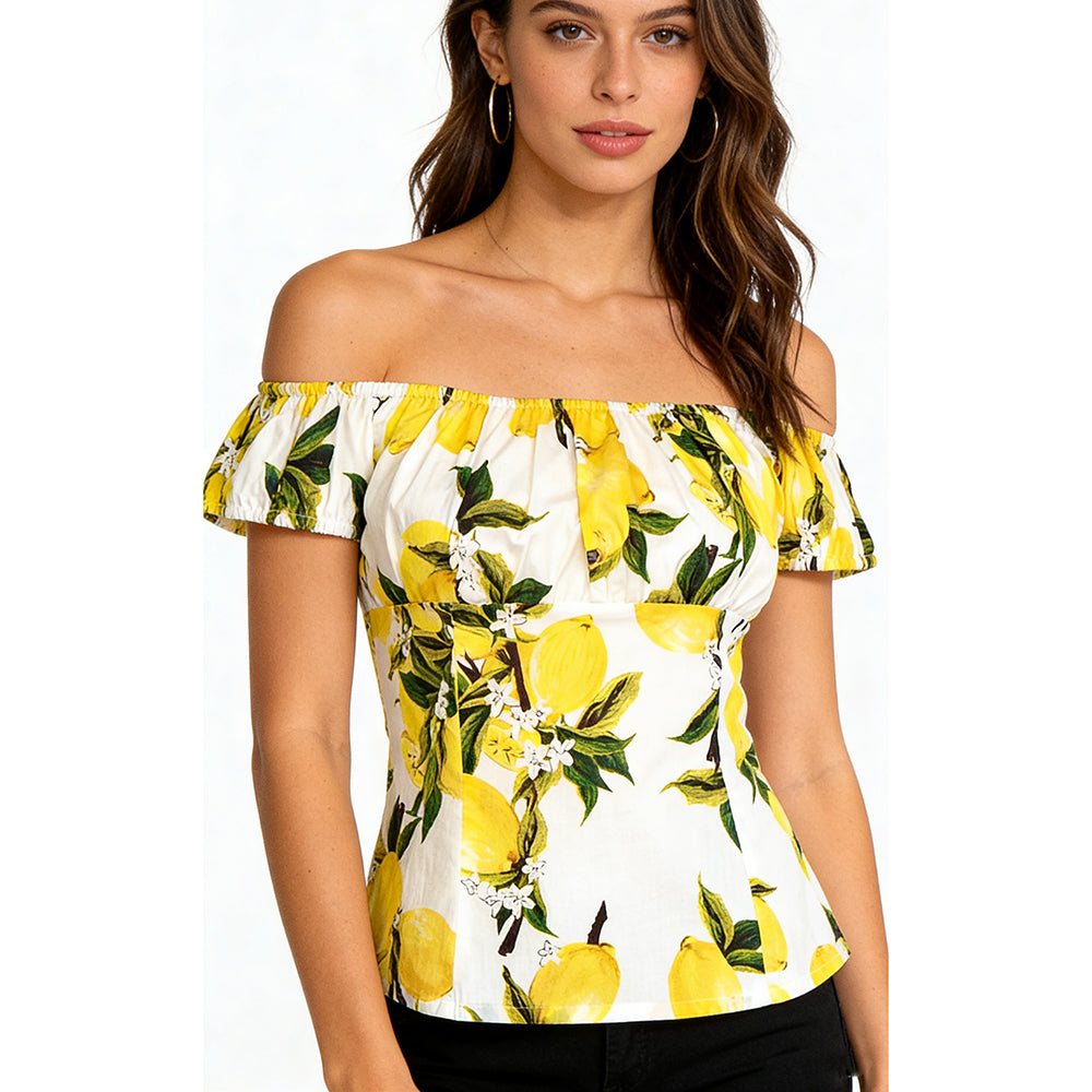 Lemon Print Off-Shoulder Summer Blouse | Retro Vacation Shirt for Women