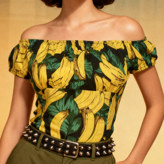 Vintage Banana Print Off-Shoulder Top for Women | Retro Slim-Fit Short Sleeve Blouse (Original Design, Drop Shipping & Small Batch Custom)