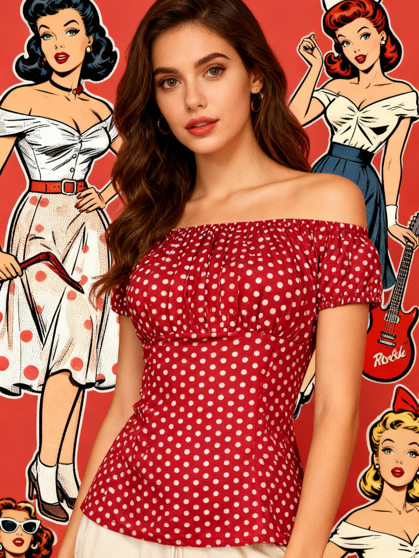 Rockabilly Pinup Style Red Polka Dot Off Shoulder Top, Vintage Inspired Retro Blouse for Women