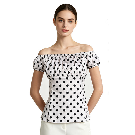 White Black Polka Dot Off Shoulder Blouse, Vintage Puff Short Sleeve Slim Fit Top