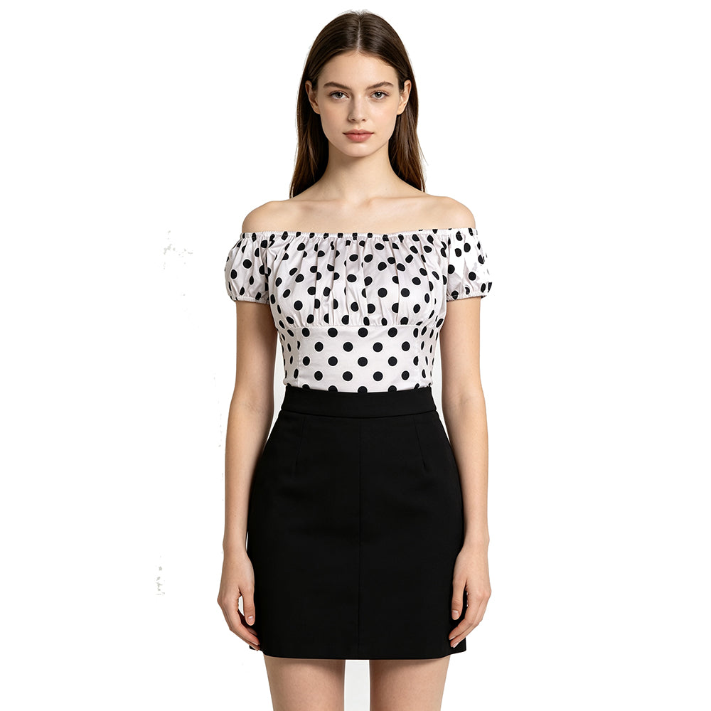 White Black Polka Dot Off Shoulder Blouse, Vintage Puff Short Sleeve Slim Fit Top