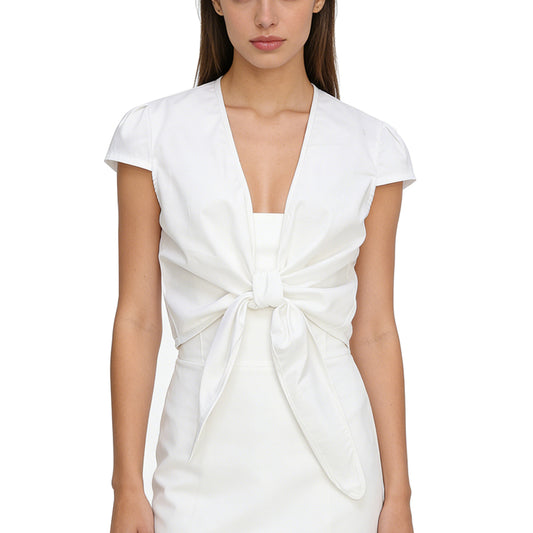 Chic White Tie - Front Crop Top | Flamingo & Pineapple Prints Optional, Elegant V - Neck Sleeveless Design