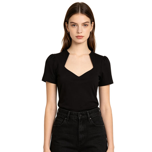Women Black Sweetheart Neck Notched Shoulder Puff Short Sleeve Fitted Retro Tee